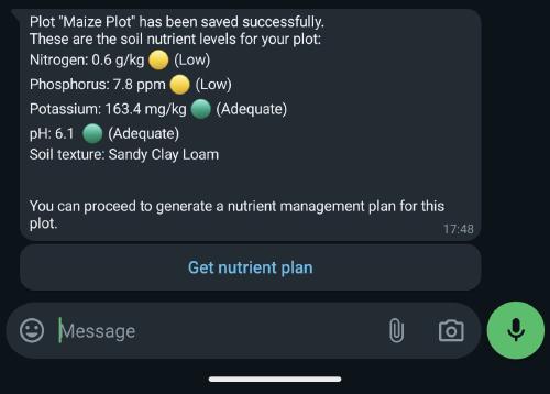 Screenshot of Whatsapp chat with Virtual Agronomist showing a farmer's soil properties before generating a nutrient plan.