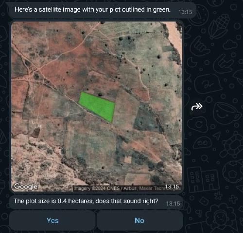 Screenshot of Whatsapp chat with Virtual Agronomist showing an example of the field mapping feature.