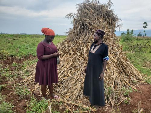 Photo of Ugandan maize farmer Namakoye Josephin standing in front of one of her maize heaps.