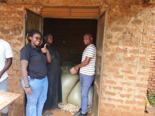 Photo of Ugandan maize farmer Nambozo Fat with our Ugandan team leader, Monalisa Mutesi and field agronomist, Paul Chunga.