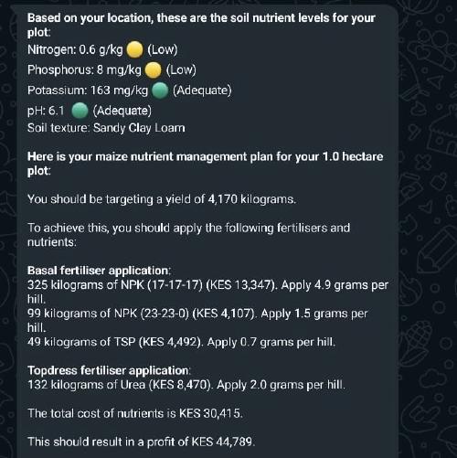 Screenshot of Whatsapp chat with Virtual Agronomist showing an example maize nutrient plan.